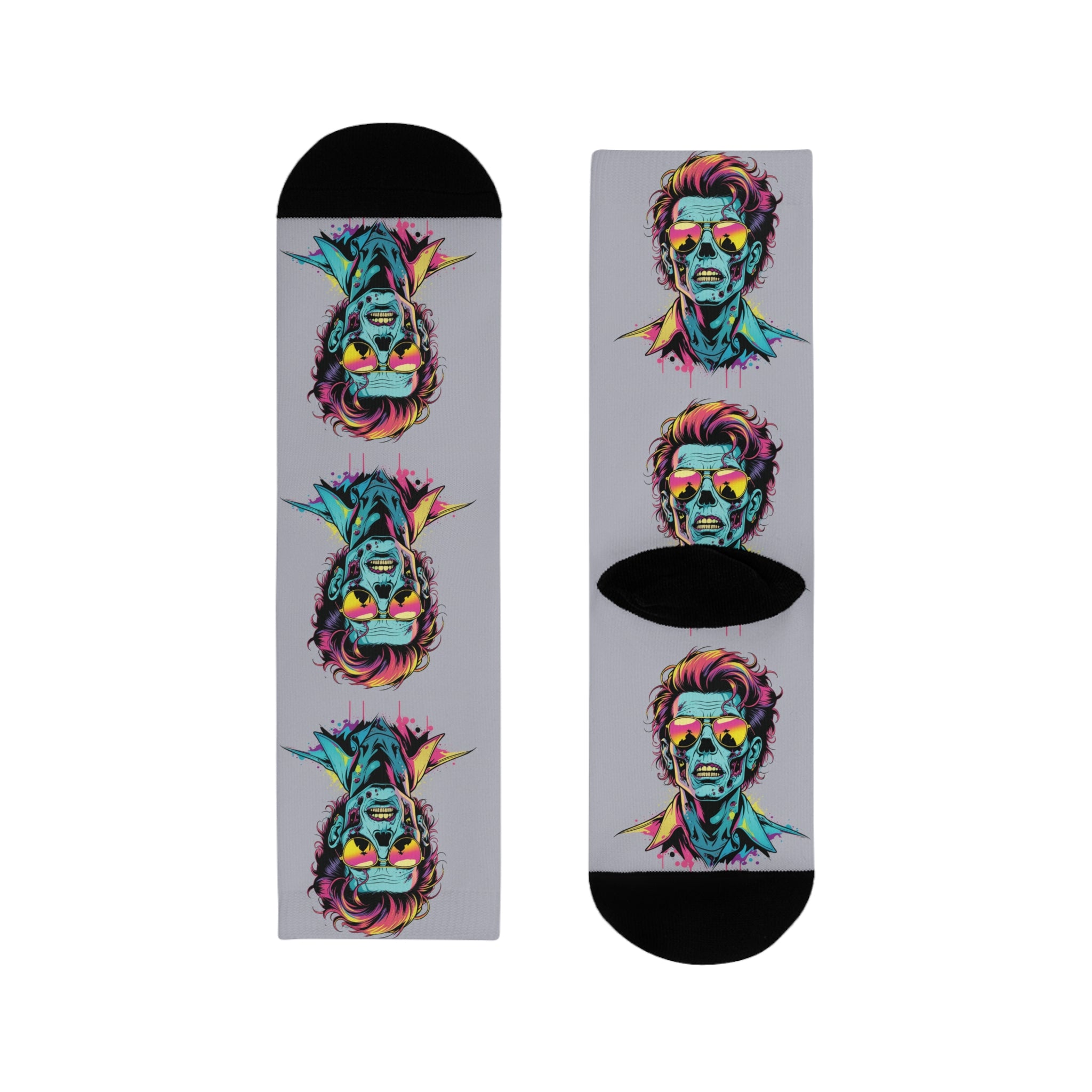 Neon Pop Portrait Crew Socks — Colorful Retro Skull Faces Sublimation Socks