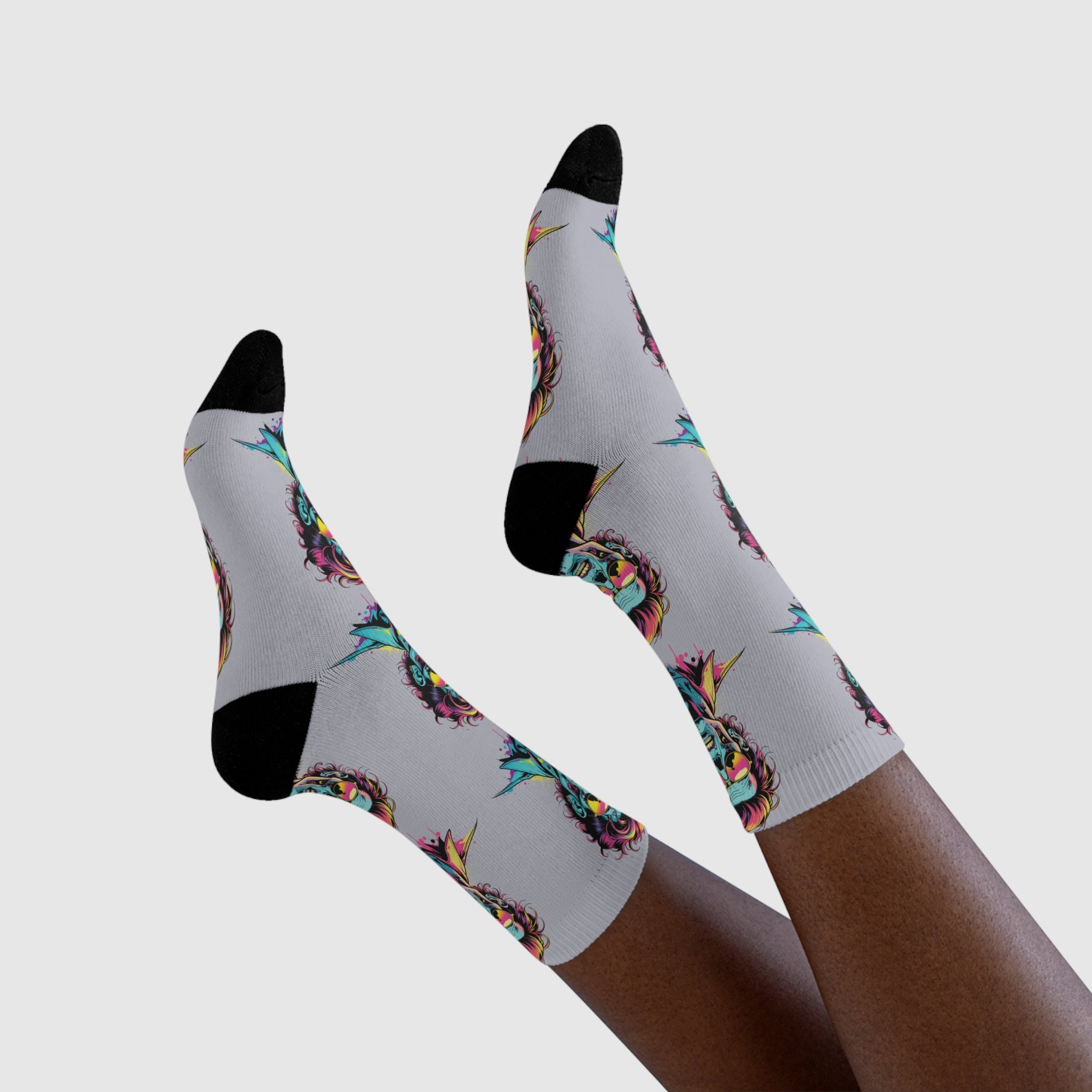 Neon Pop Portrait Crew Socks — Colorful Retro Skull Faces Sublimation Socks