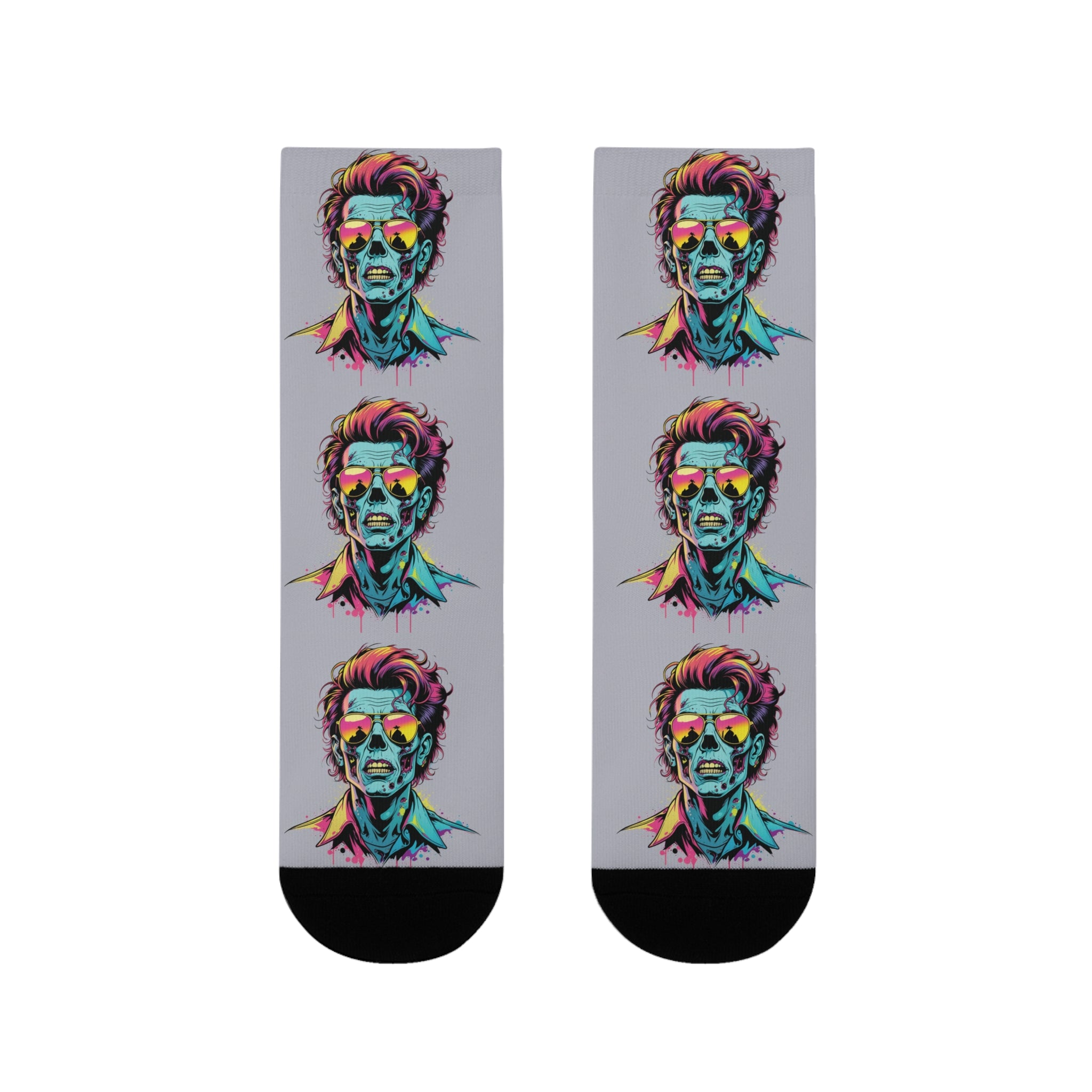 Neon Pop Portrait Crew Socks — Colorful Retro Skull Faces Sublimation Socks