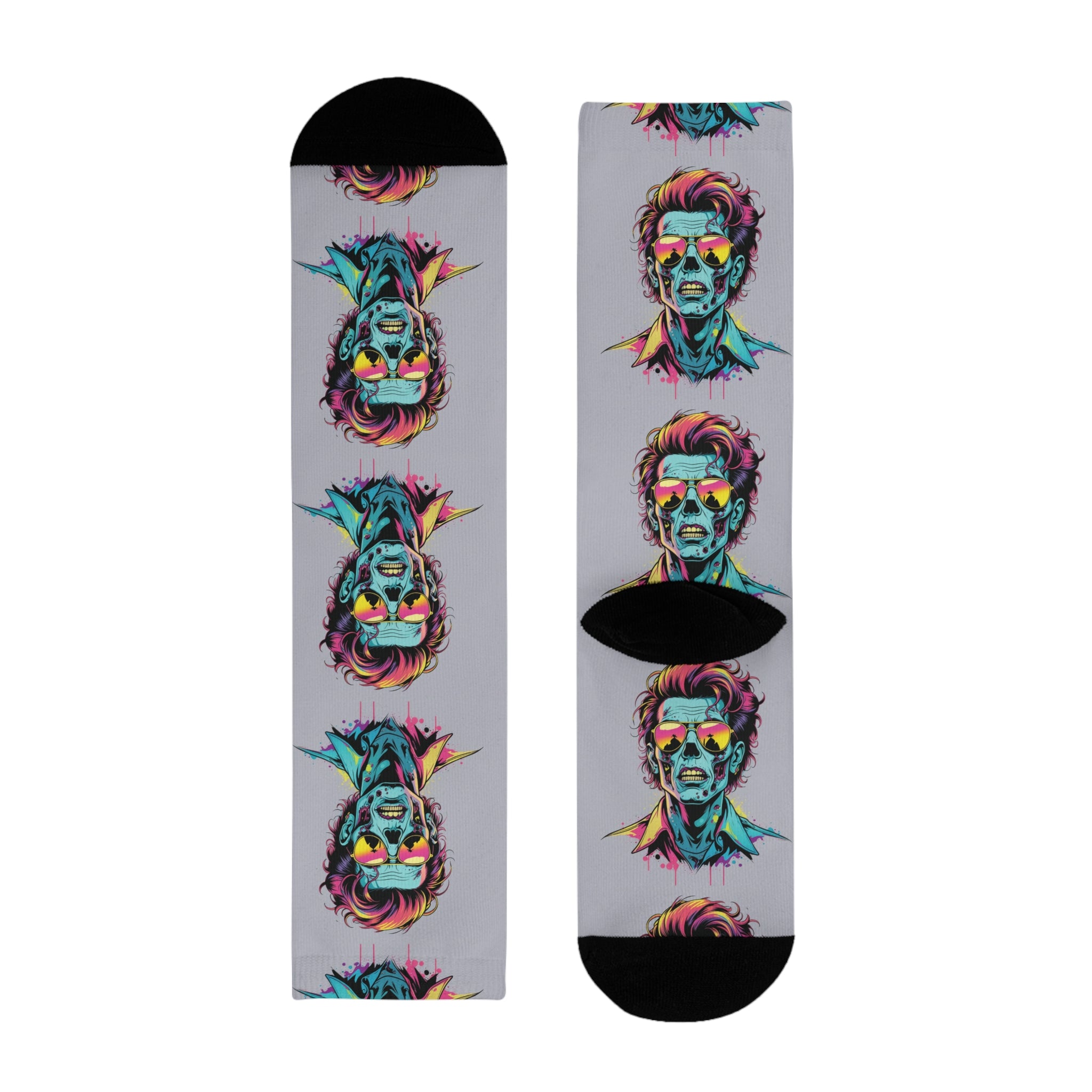 Neon Pop Portrait Crew Socks — Colorful Retro Skull Faces Sublimation Socks