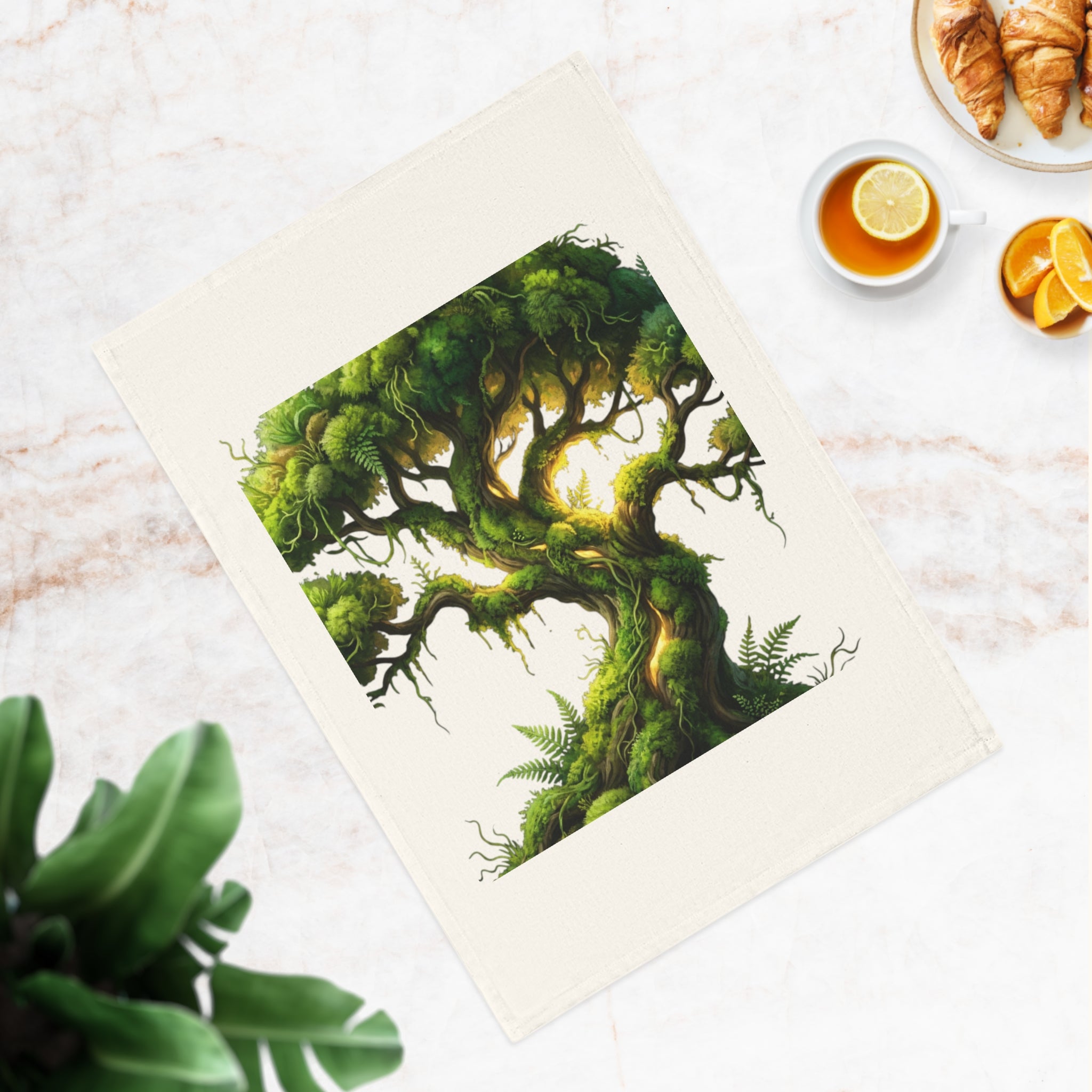 Enchanted Tree Cotton Tea Towel — Green Mossy Bonsai Kitchen Towel