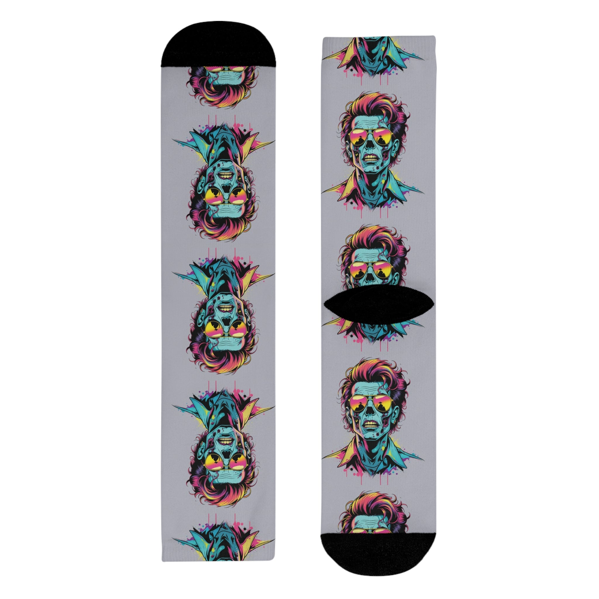 Neon Pop Portrait Crew Socks — Colorful Retro Skull Faces Sublimation Socks