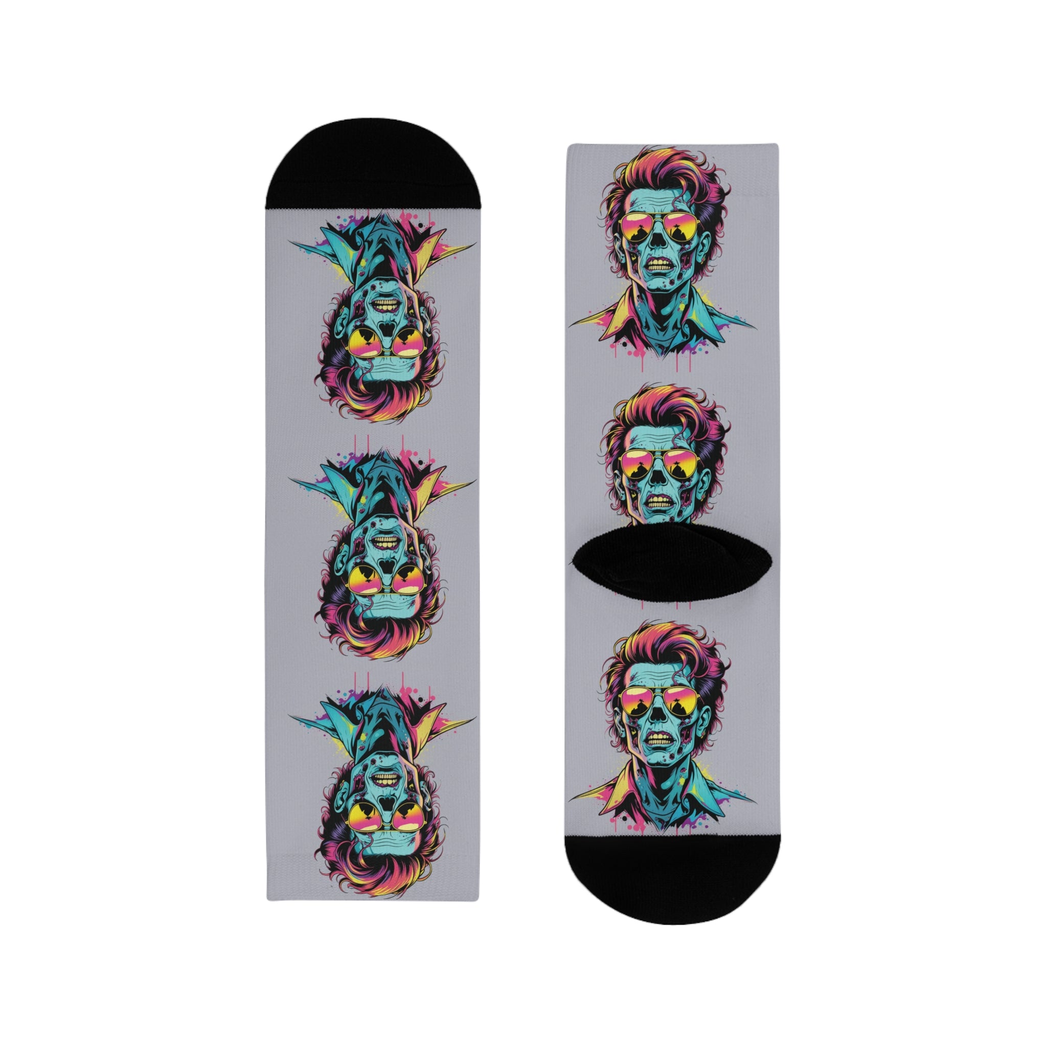 Neon Pop Portrait Crew Socks — Colorful Retro Skull Faces Sublimation Socks